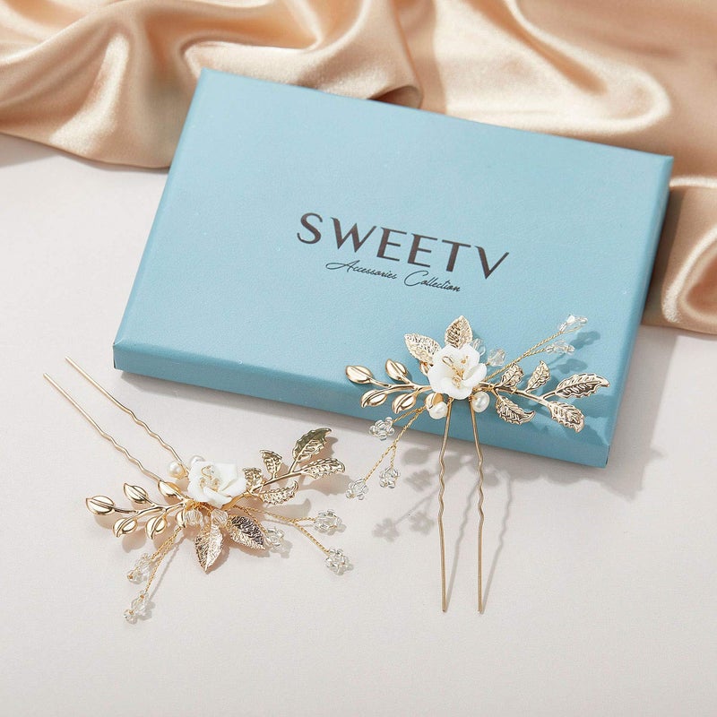 SWEETV 2Pcs Bridal Hair Accessories,Gold Wedding Hair Pins Pieces With White Flowers for Brides - Image 5